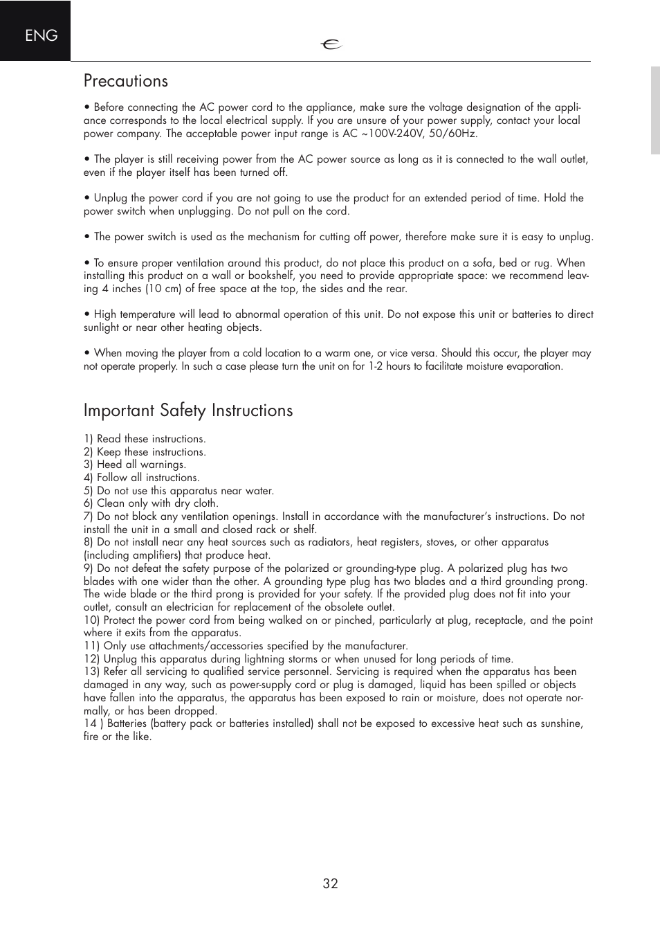 Precautions, Important safety instructions | Electrocompaniet ECM 2 User Manual | Page 32 / 36