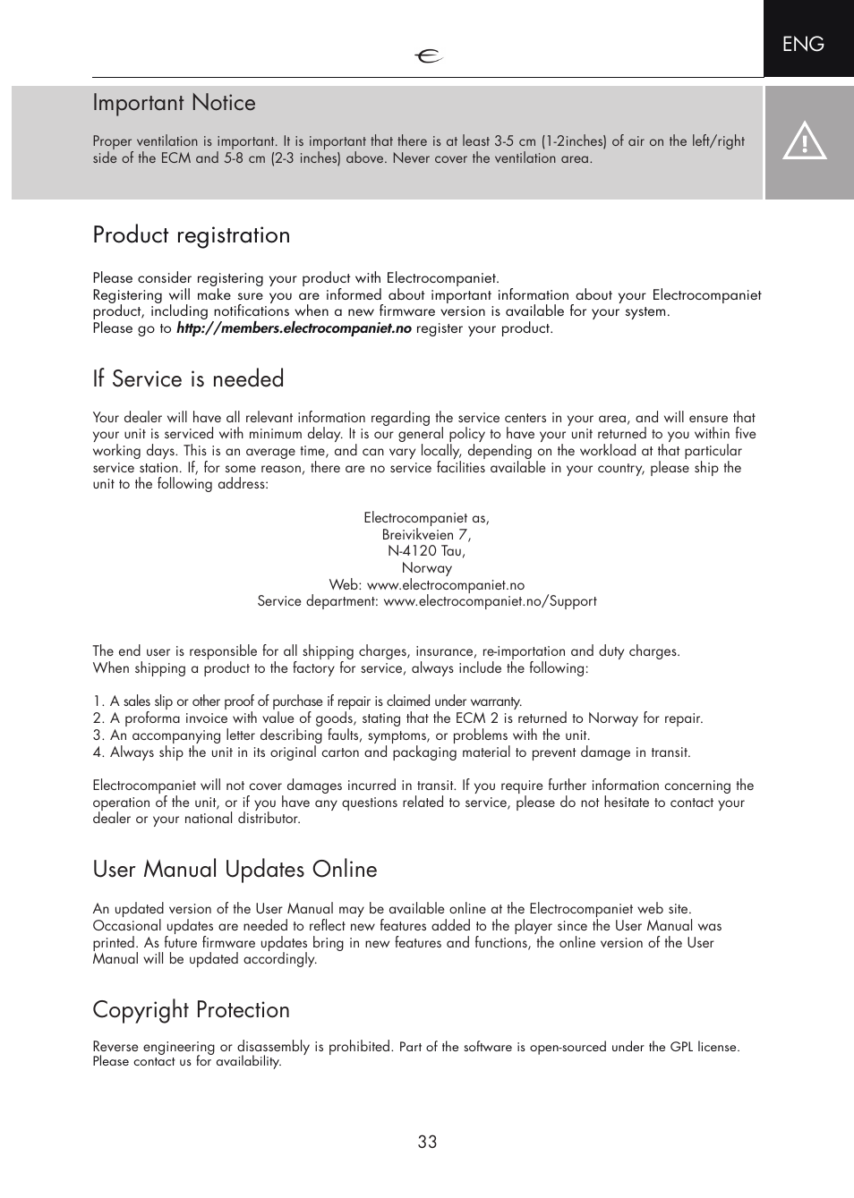 Important notice, Product registration, If service is needed | User manual updates online, Copyright protection | Electrocompaniet ECM 2 User Manual | Page 33 / 36