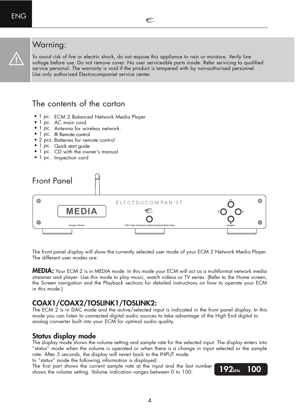 Safety & precautions, The contents of the carton, Front panel | Warning, Coax1/coax2/toslink1/toslink2, Status display mode, Media | Electrocompaniet ECM 2 User Manual | Page 4 / 36