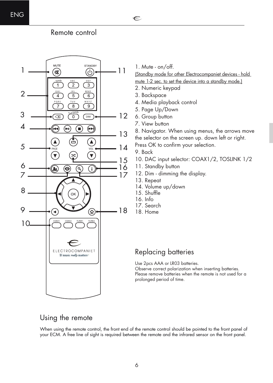 Remote control, Using the remote, Replacing batteries | Mute - on/off | Electrocompaniet ECM 2 User Manual | Page 6 / 36