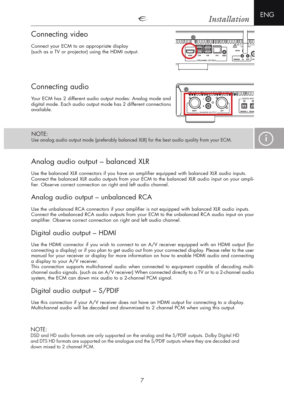 Connecting video, Connecting audio, Analog audio output – balanced xlr | Analog audio output – unbalanced rca, Digital audio output – hdmi, Installation, Connecting audio/video, Digital audio output – s/pdif | Electrocompaniet ECM 2 User Manual | Page 7 / 36