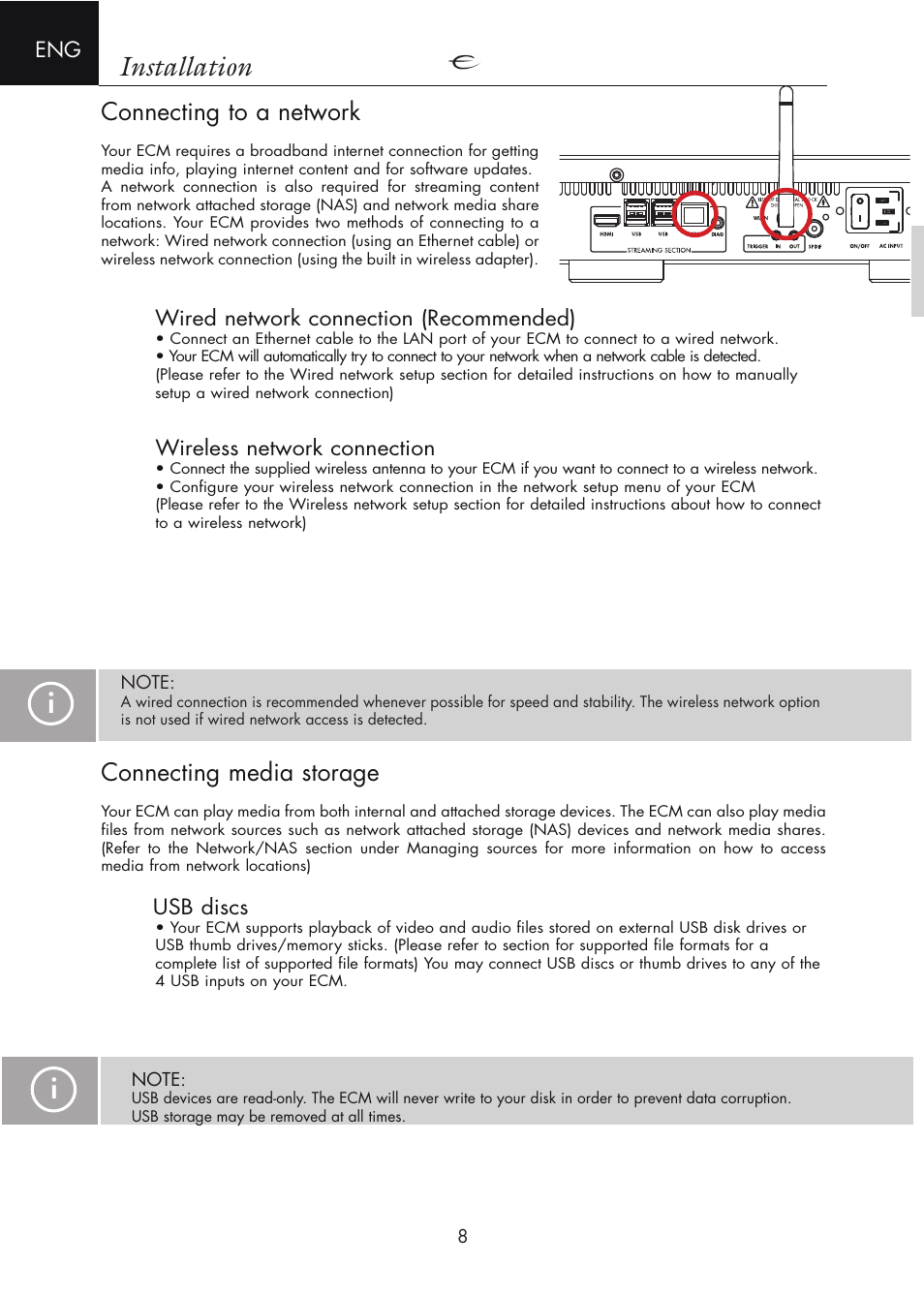 Connecting to a network, Wired network connection (recommended), Wireless network connection | Connecting media storage, Usb discs, Wired network connection, Wireless network connecion, Installation | Electrocompaniet ECM 2 User Manual | Page 8 / 36