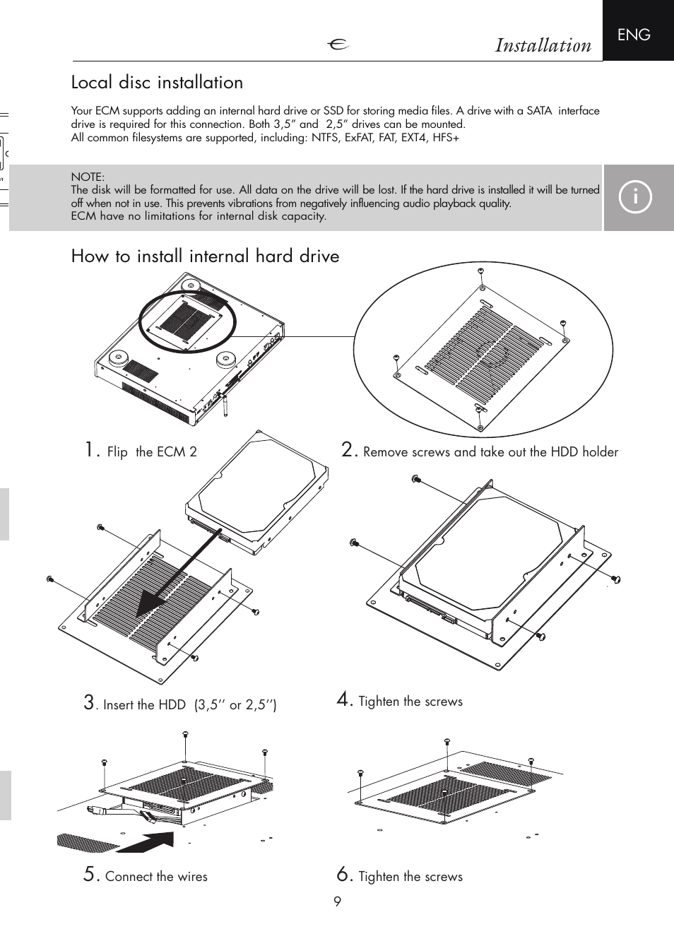 Local disc installation, How to install internal hard drive, Installation | Flip the ecm 2, Remove screws and take out the hdd holder, Insert the hdd (3,5’’ or 2,5’’), Tighten the screws, Connect the wires, Cm y cm my cy cmy k | Electrocompaniet ECM 2 User Manual | Page 9 / 36