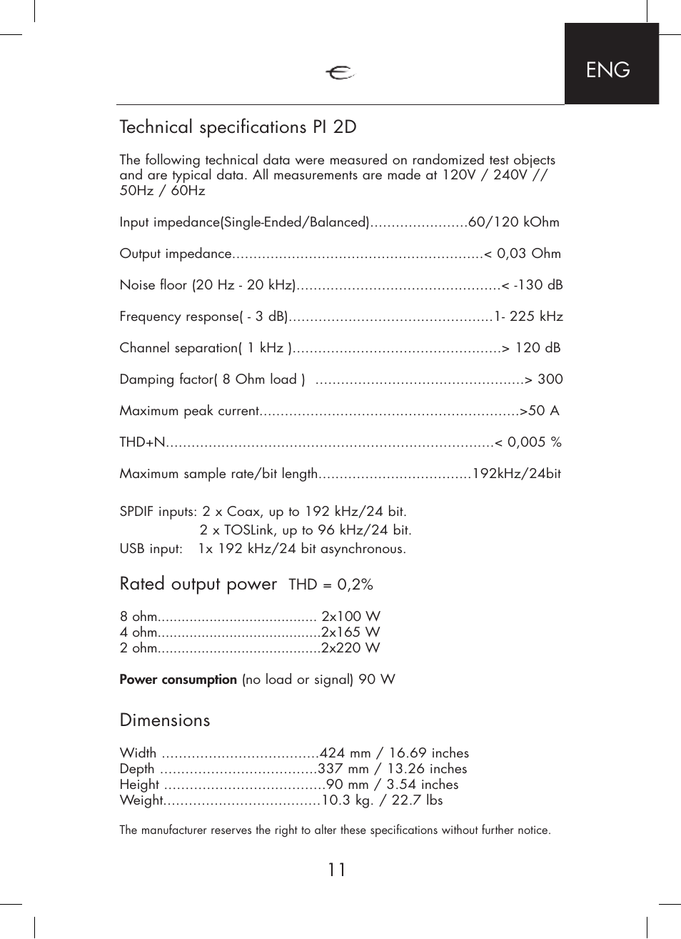 Technical specifications pi 2d, Rated output power, Dimensions | Electrocompaniet PI 2D User Manual | Page 11 / 12