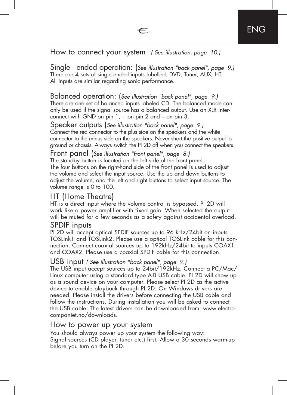 How to connect your system, Single - ended operation, Balanced operation | Speaker outputs, Front panel, Ht (home theatre), Spdif inputs, Usb input, How to power up your system | Electrocompaniet PI 2D User Manual | Page 3 / 12