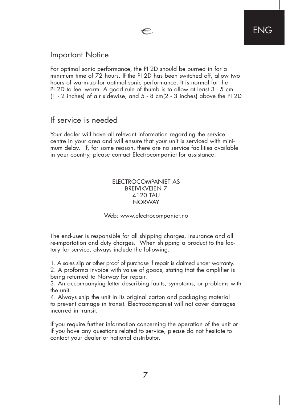 Important notice, If service is needed | Electrocompaniet PI 2D User Manual | Page 7 / 12