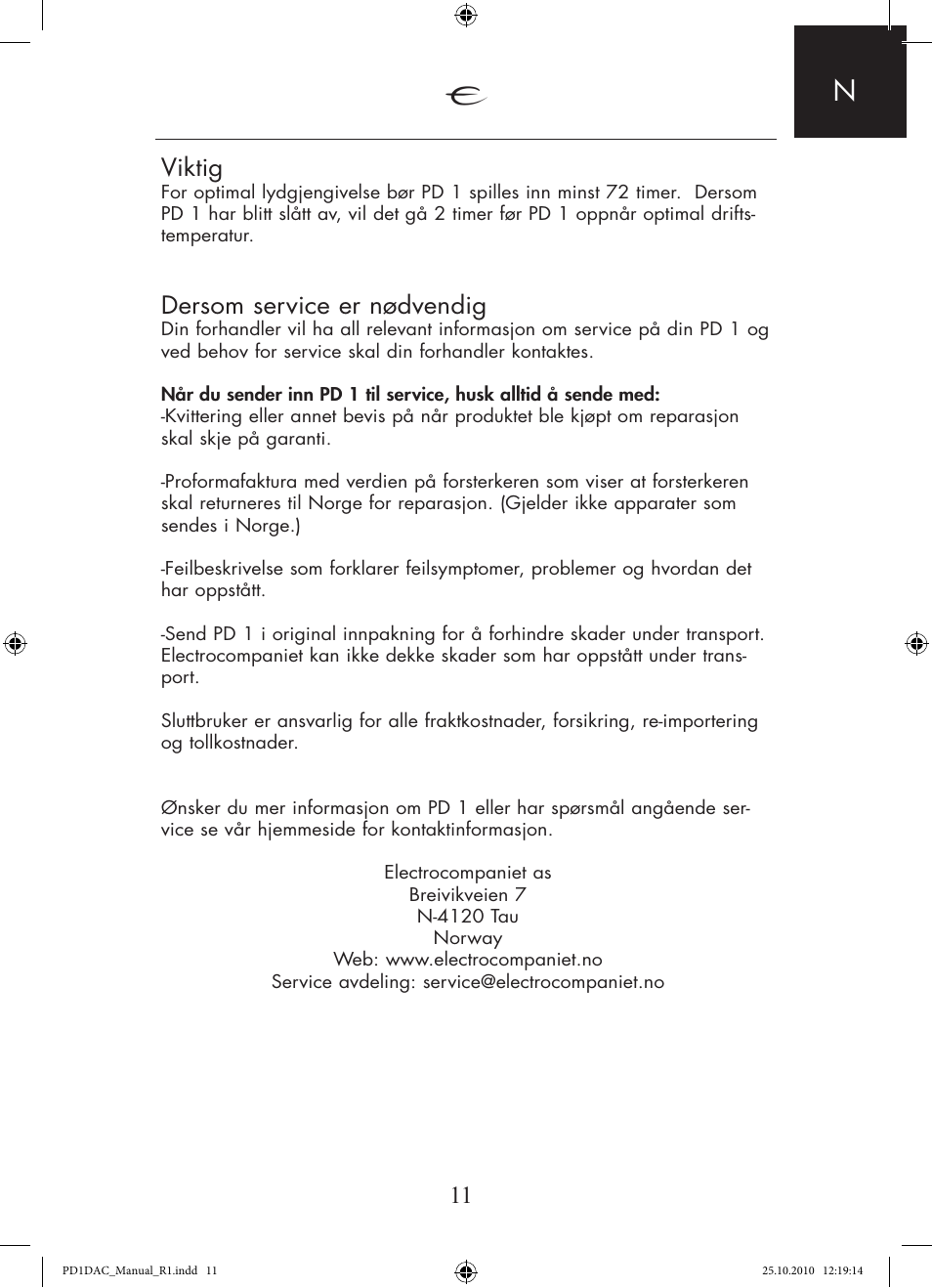 Viktig, Dersom service er nødvendig | Electrocompaniet PD 1 User Manual | Page 11 / 14