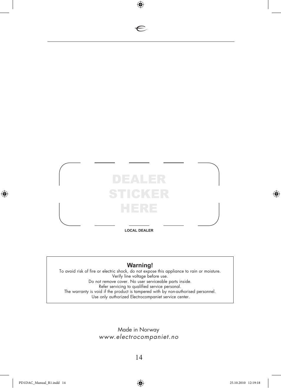 Dealer sticker here | Electrocompaniet PD 1 User Manual | Page 14 / 14