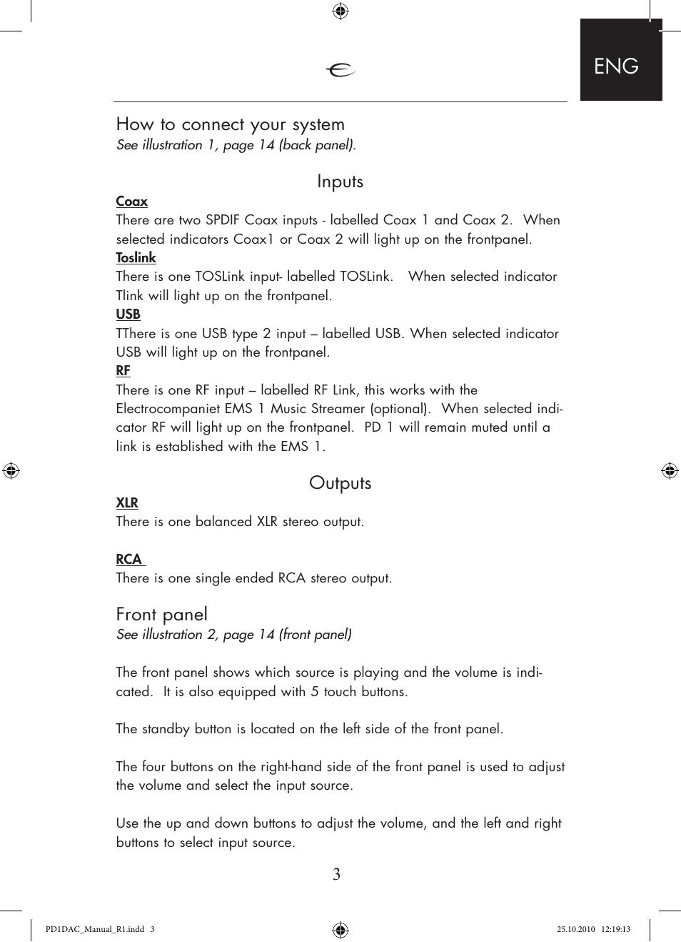3how to connect your system, Inputs, Outputs | Front panel | Electrocompaniet PD 1 User Manual | Page 3 / 14