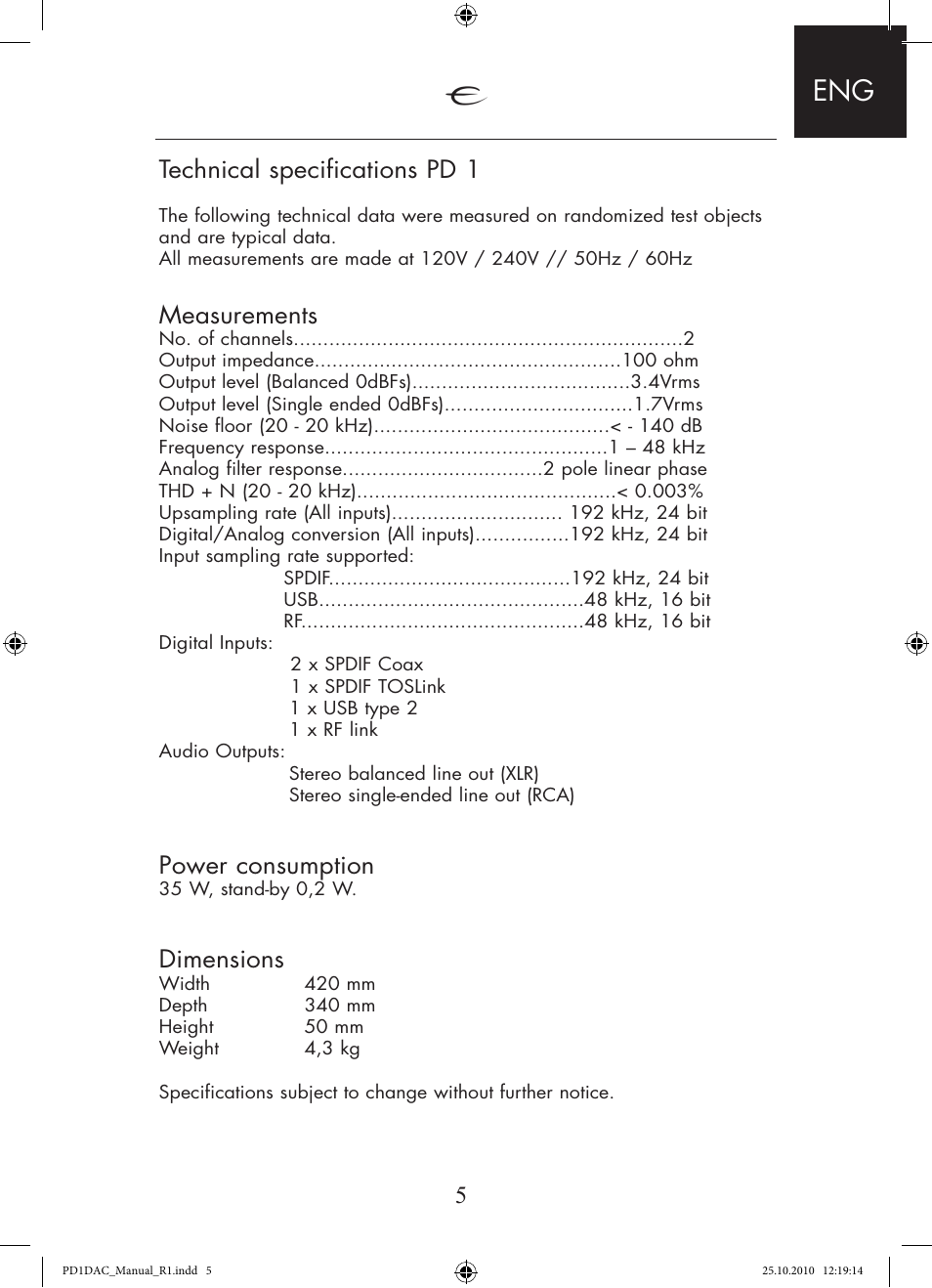5technical specifications pd 1, Measurements, Power consumption | Dimensions | Electrocompaniet PD 1 User Manual | Page 5 / 14
