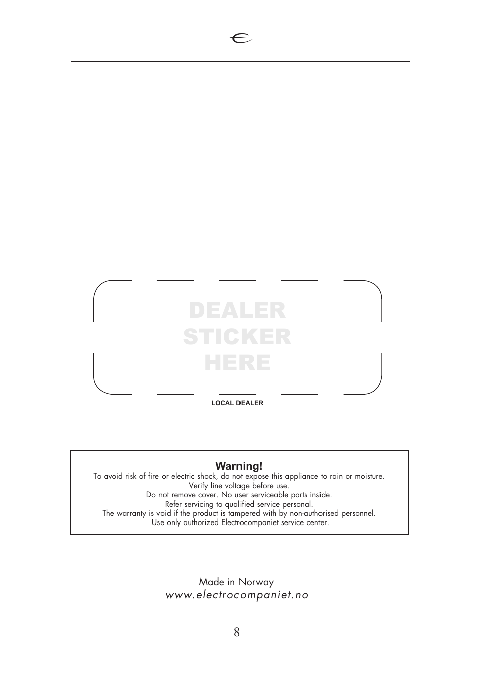 Dealer sticker here | Electrocompaniet EMS 1 User Manual | Page 8 / 8