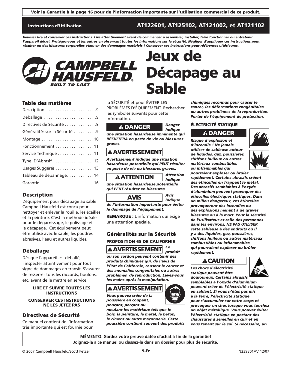 Jeux de décapage au sable | Campbell Hausfeld AT122601 User Manual | Page 9 / 24