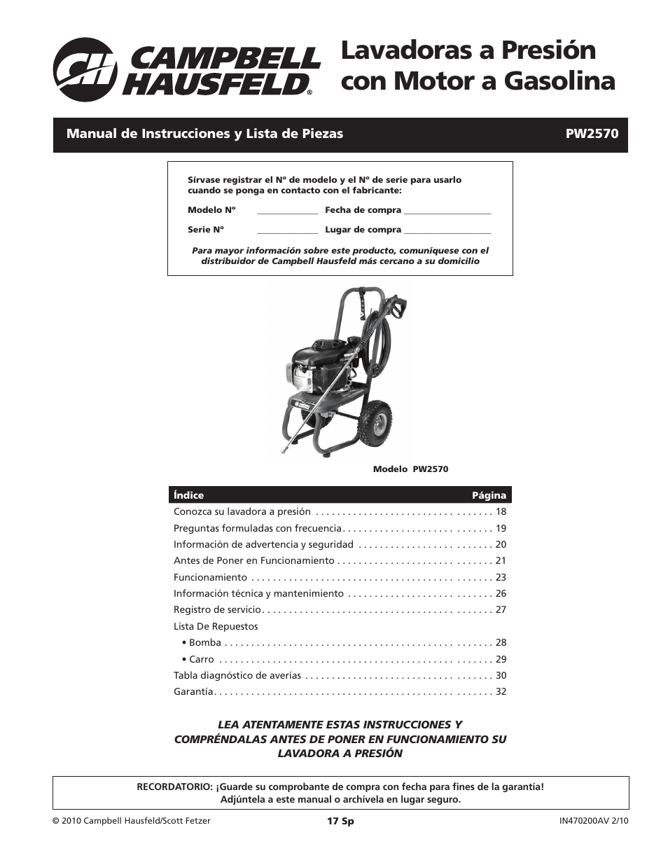 Lavadoras a presión con motor a gasolina | Campbell Hausfeld IN470200AV User Manual | Page 17 / 32