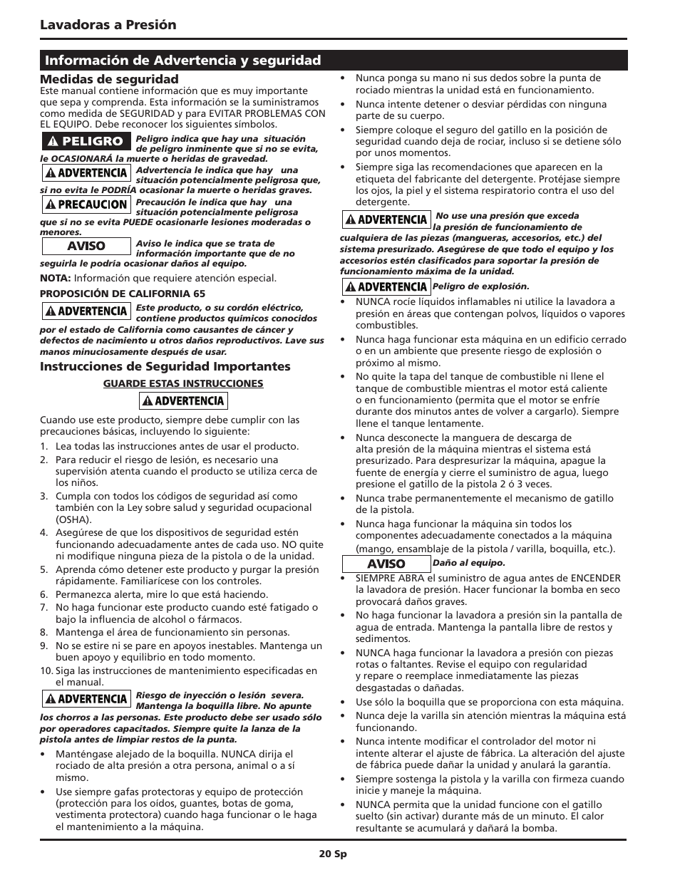 Lavadoras a presión, Información de advertencia y seguridad, Medidas de seguridad | Instrucciones de seguridad importantes | Campbell Hausfeld IN470200AV User Manual | Page 20 / 32