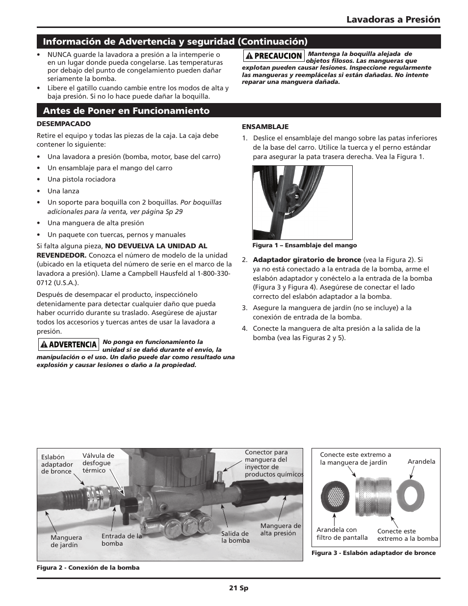 Lavadoras a presión, Antes de poner en funcionamiento | Campbell Hausfeld IN470200AV User Manual | Page 21 / 32