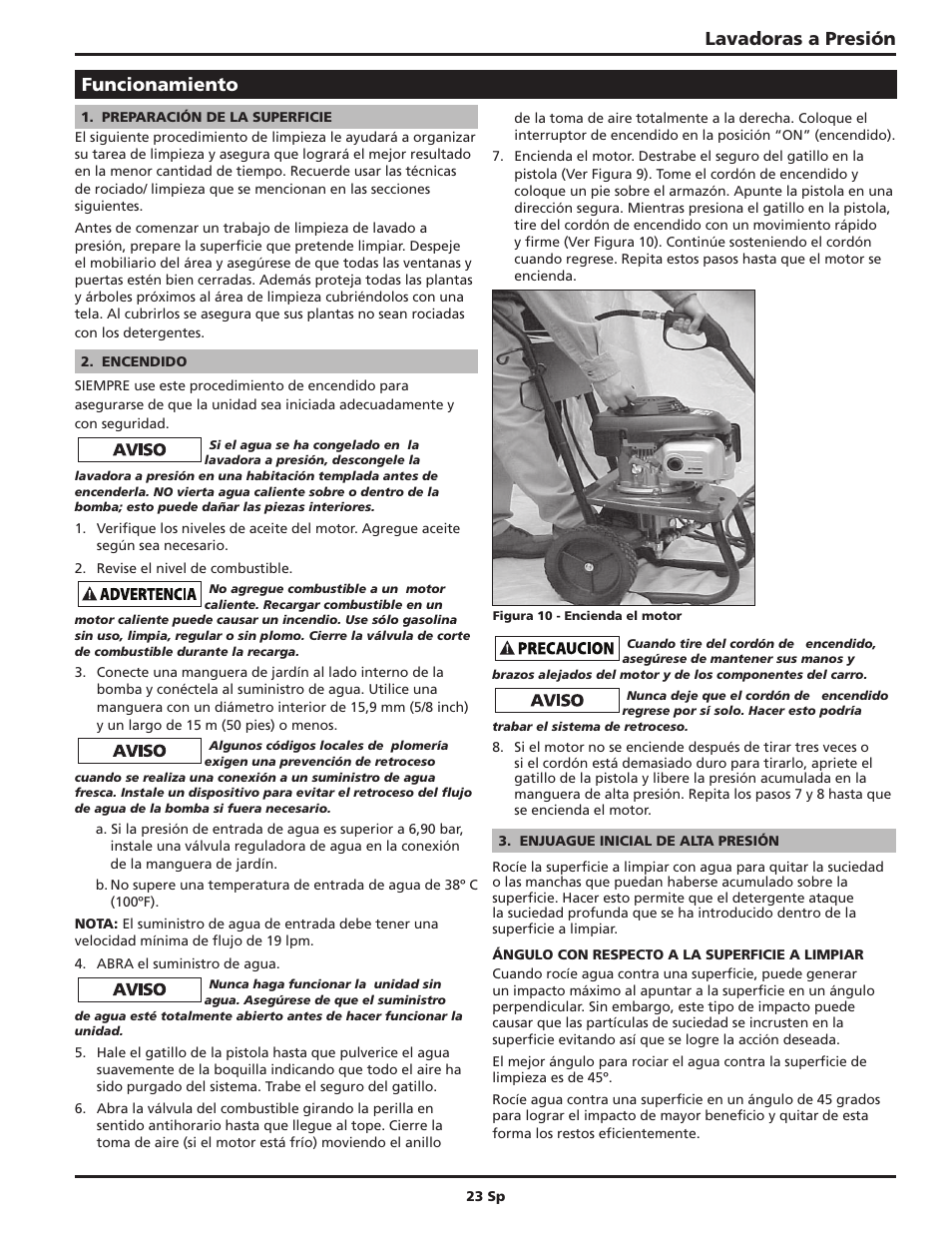 Lavadoras a presión, Funcionamiento | Campbell Hausfeld IN470200AV User Manual | Page 23 / 32