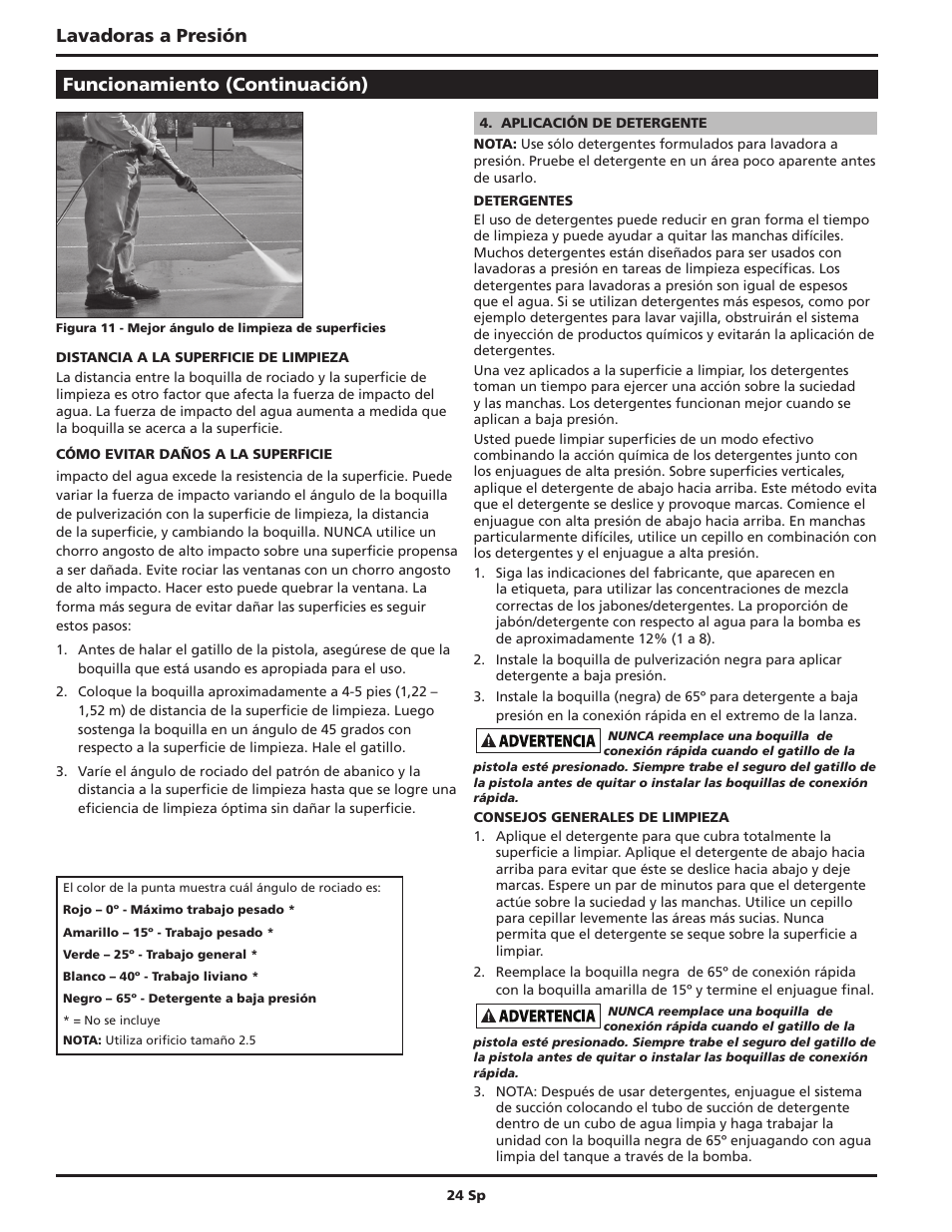 Lavadoras a presión, Funcionamiento (continuación) | Campbell Hausfeld IN470200AV User Manual | Page 24 / 32