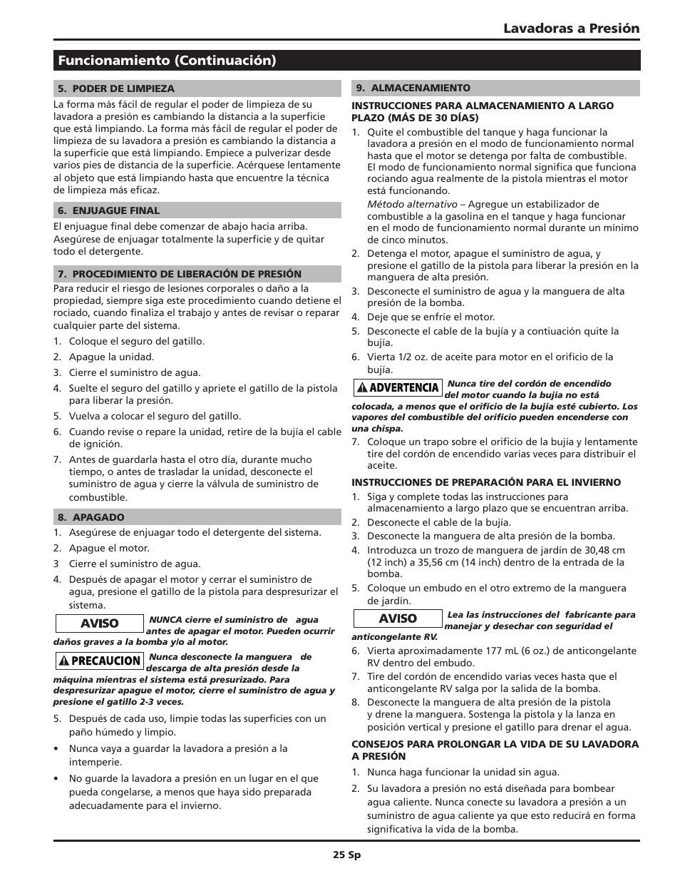 Lavadoras a presión, Funcionamiento (continuación) | Campbell Hausfeld IN470200AV User Manual | Page 25 / 32