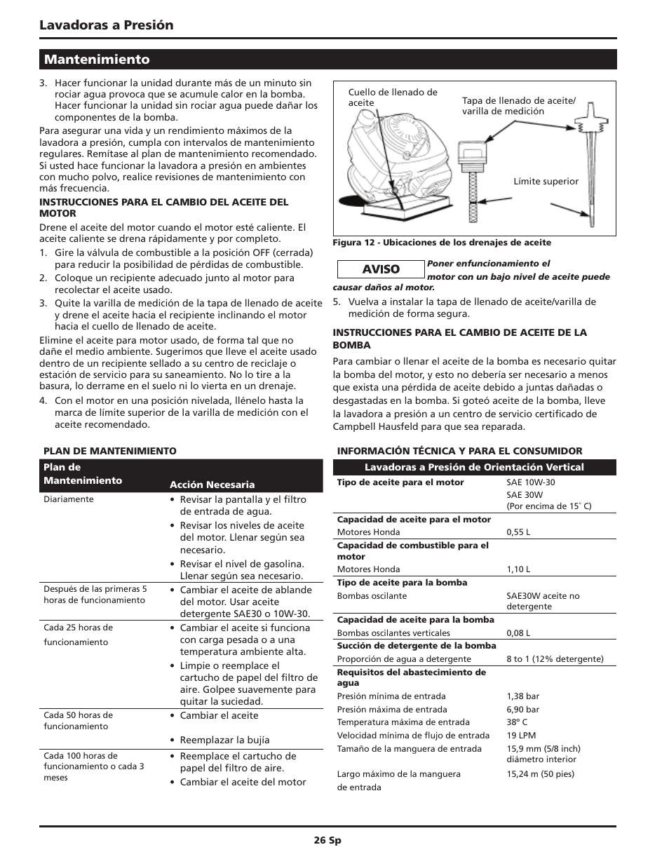 Lavadoras a presión, Mantenimiento | Campbell Hausfeld IN470200AV User Manual | Page 26 / 32