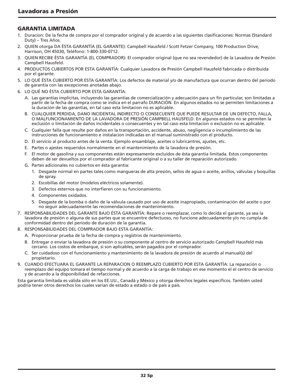 Lavadoras a presión | Campbell Hausfeld IN470200AV User Manual | Page 32 / 32