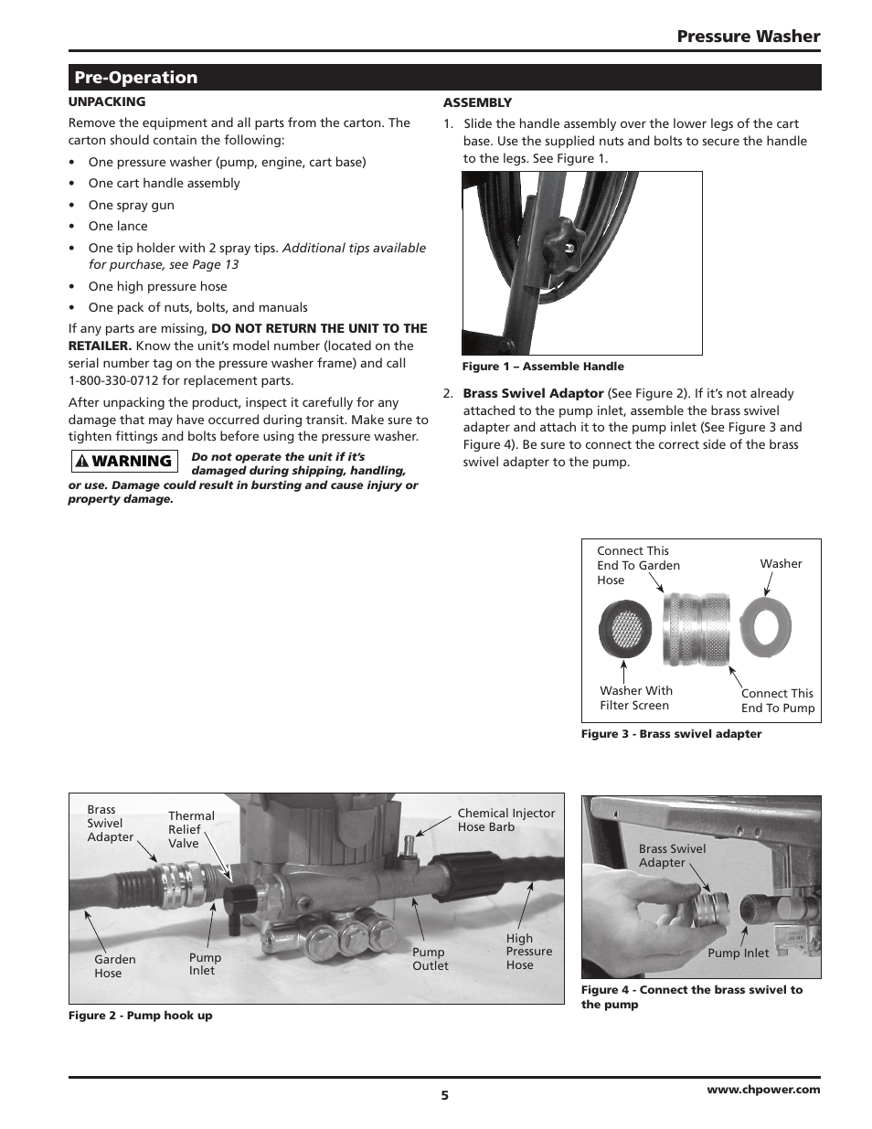 Pressure washer, Pre-operation | Campbell Hausfeld IN470200AV User Manual | Page 5 / 32