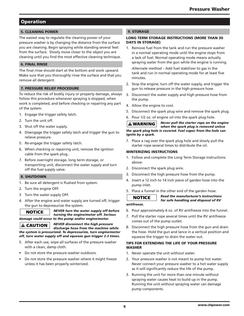 Pressure washer, Operation | Campbell Hausfeld IN470200AV User Manual | Page 9 / 32