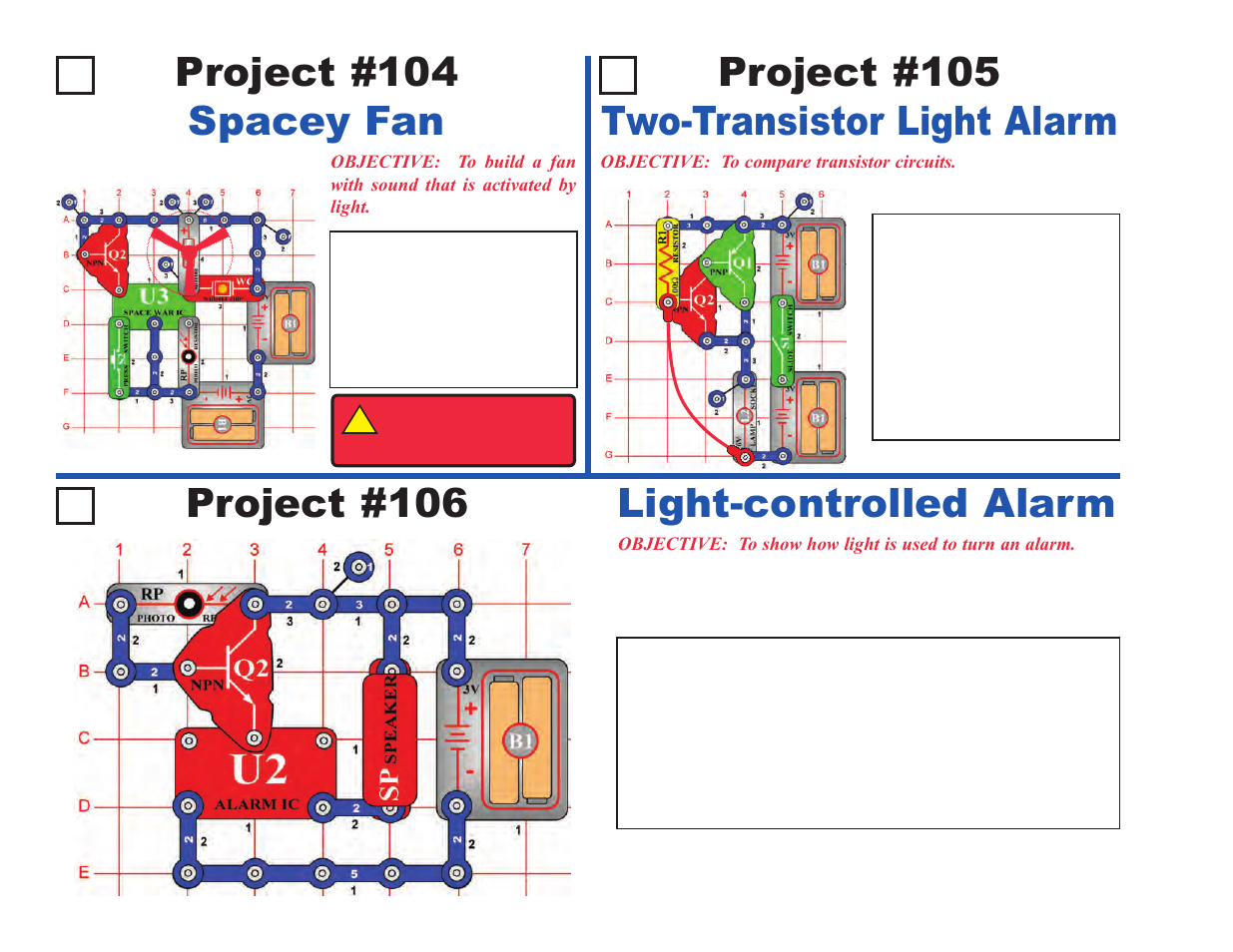 Project #104 spacey fan, Project #106 | Elenco Projects 102-305 User Manual | Page 10 / 76