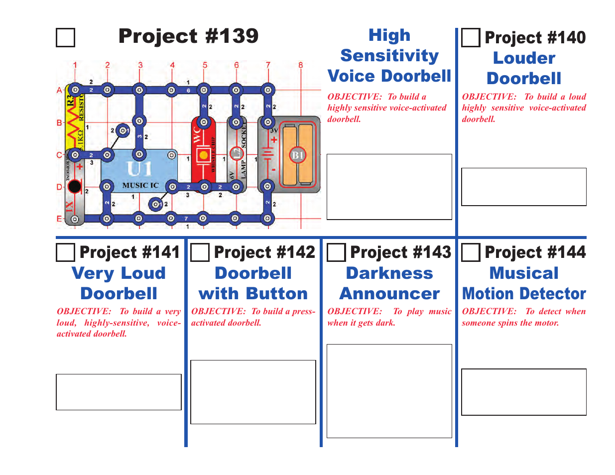 Project #139, Project #141 very loud doorbell, Project #143 darkness announcer | Project #142 doorbell with button, Project #144 musical motion detector, Project #140 louder doorbell, High sensitivity voice doorbell | Elenco Projects 102-305 User Manual | Page 21 / 76