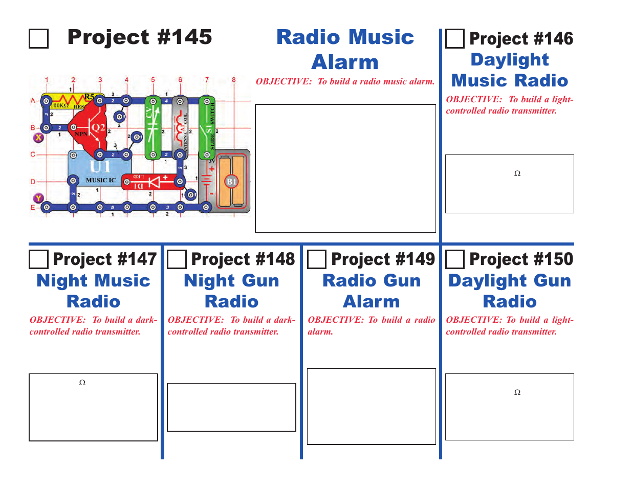 Project #145 radio music alarm, Project #147 night music radio, Project #149 radio gun alarm | Project #148 night gun radio, Project #150 daylight gun radio, Project #146 daylight music radio | Elenco Projects 102-305 User Manual | Page 22 / 76