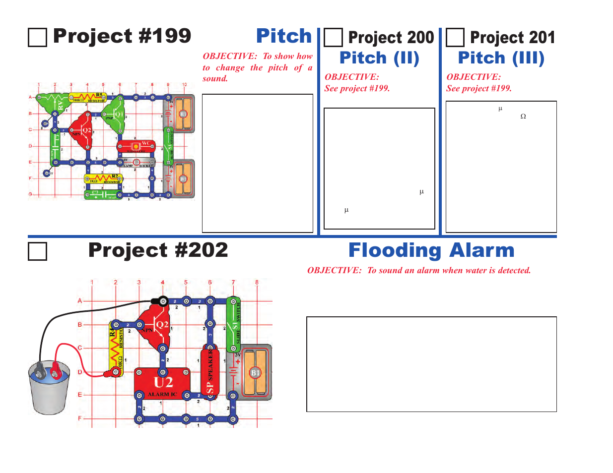 Project #202, Flooding alarm project #199 pitch, Project 201 pitch (iii) | Project 200 pitch (ii) | Elenco Projects 102-305 User Manual | Page 36 / 76