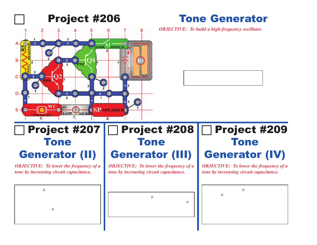 Project #206, Tone generator project #207 tone generator (ii), Project #208 tone generator (iii) | Project #209 tone generator (iv) | Elenco Projects 102-305 User Manual | Page 38 / 76