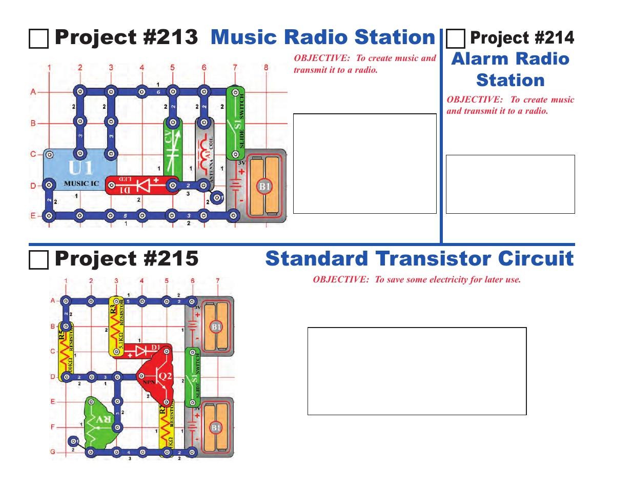 Project #213 music radio station, Project #215 standard transistor circuit, Project #214 alarm radio station | Elenco Projects 102-305 User Manual | Page 40 / 76