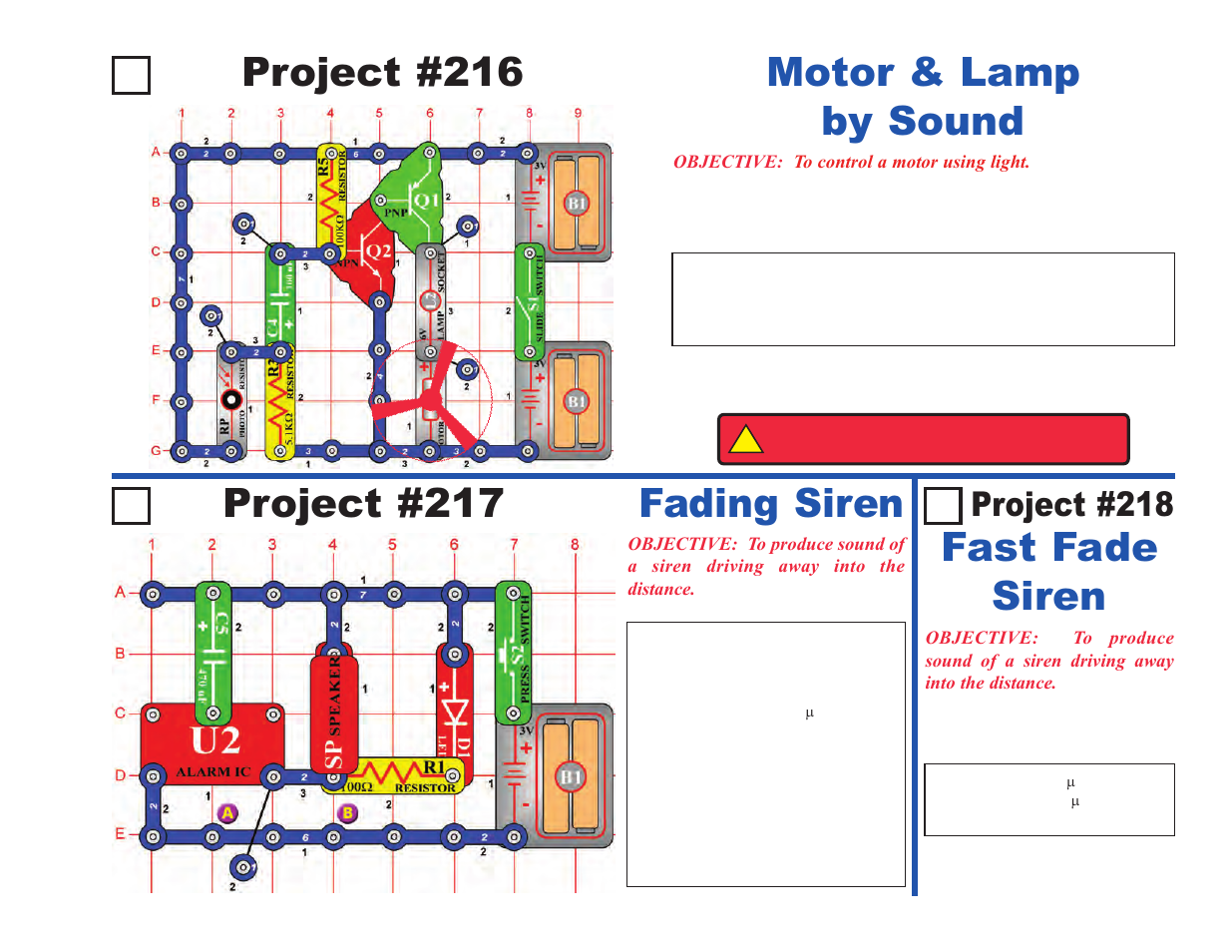 Project #217 fading siren, Fast fade siren project #216, Motor & lamp by sound | Project #218 | Elenco Projects 102-305 User Manual | Page 41 / 76