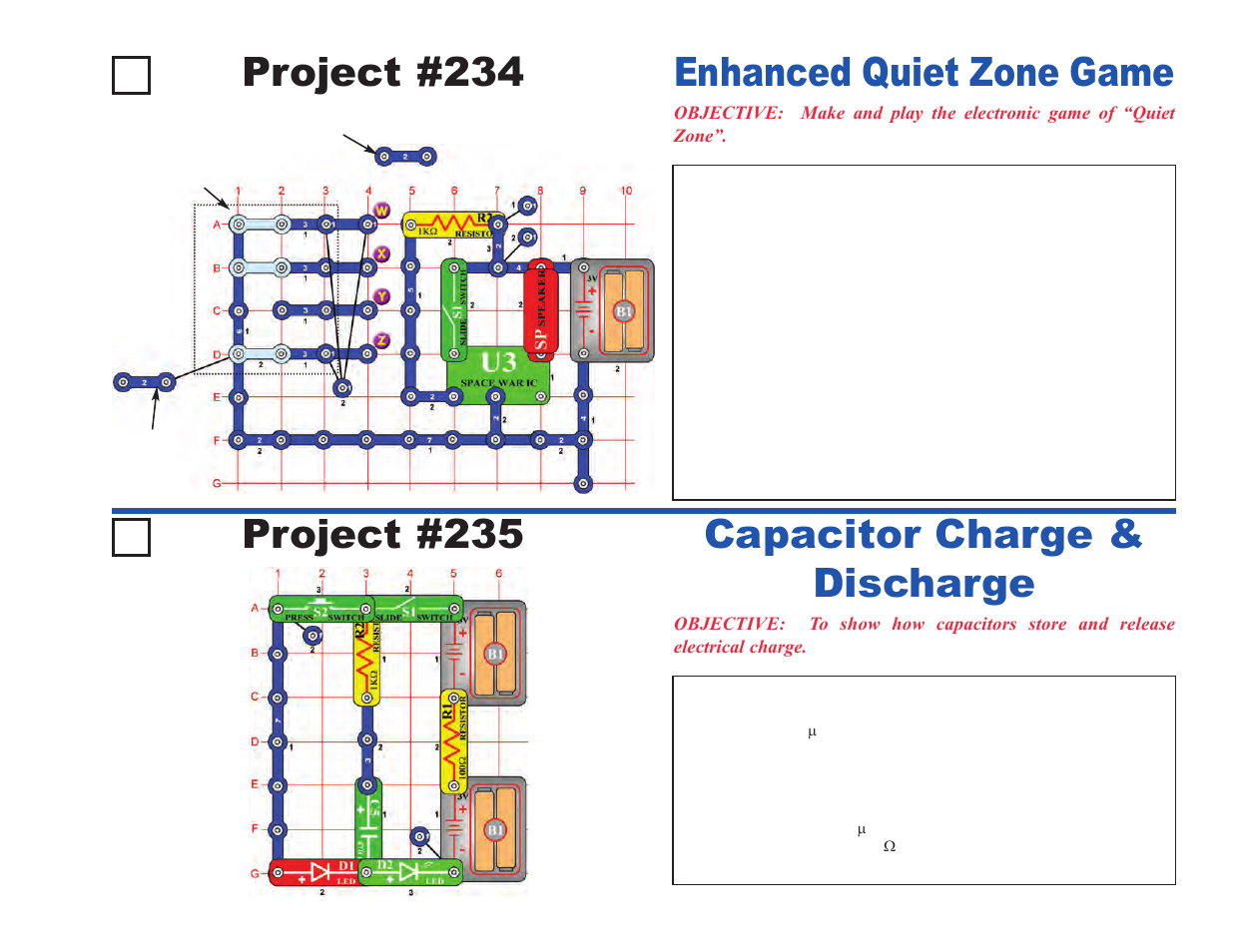 Project #234, Enhanced quiet zone game project #235, Capacitor charge & discharge | Elenco Projects 102-305 User Manual | Page 47 / 76