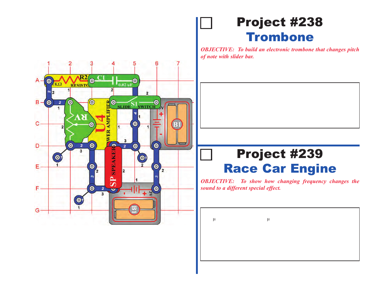 Project #238 trombone, Project #239 race car engine | Elenco Projects 102-305 User Manual | Page 49 / 76