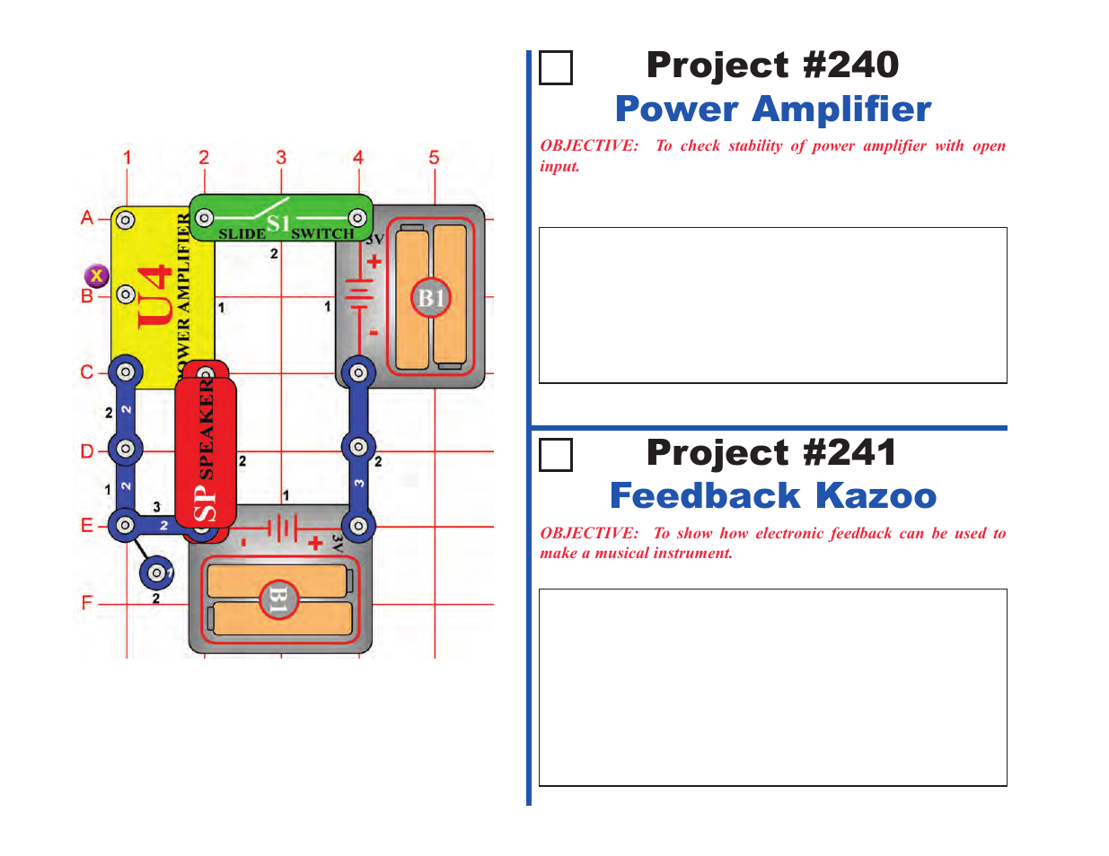 Project #240 power amplifier, Project #241 feedback kazoo | Elenco Projects 102-305 User Manual | Page 50 / 76