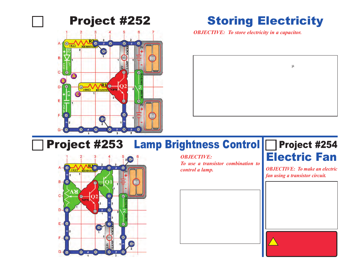 Project #252 storing electricity, Project #253 lamp brightness control, Electric fan | Project #254 | Elenco Projects 102-305 User Manual | Page 55 / 76