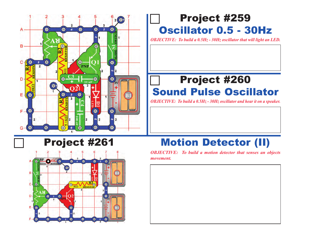 Project #261, Project #260 sound pulse oscillator | Elenco Projects 102-305 User Manual | Page 58 / 76