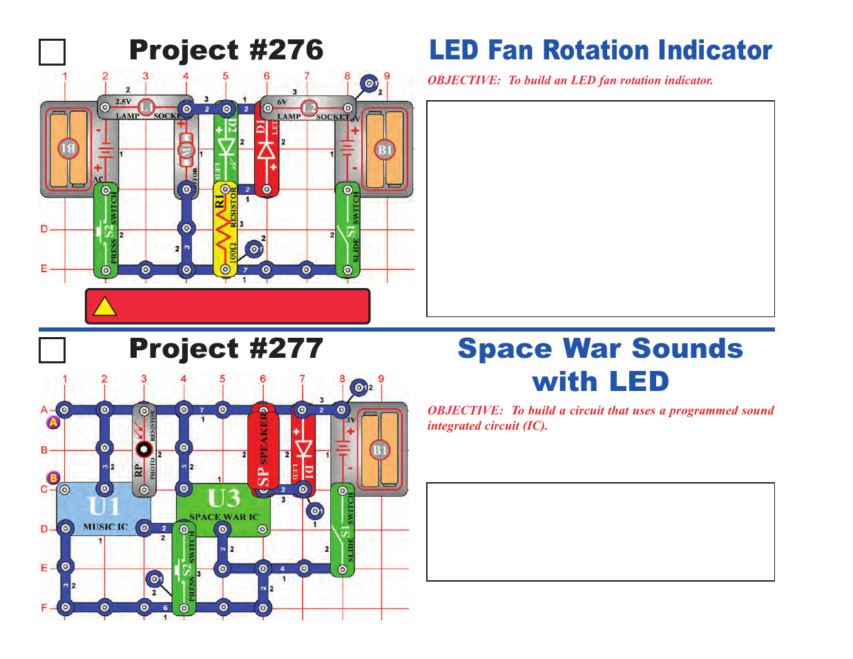 Project #277, Space war sounds with led project #276, Led fan rotation indicator | Elenco Projects 102-305 User Manual | Page 64 / 76