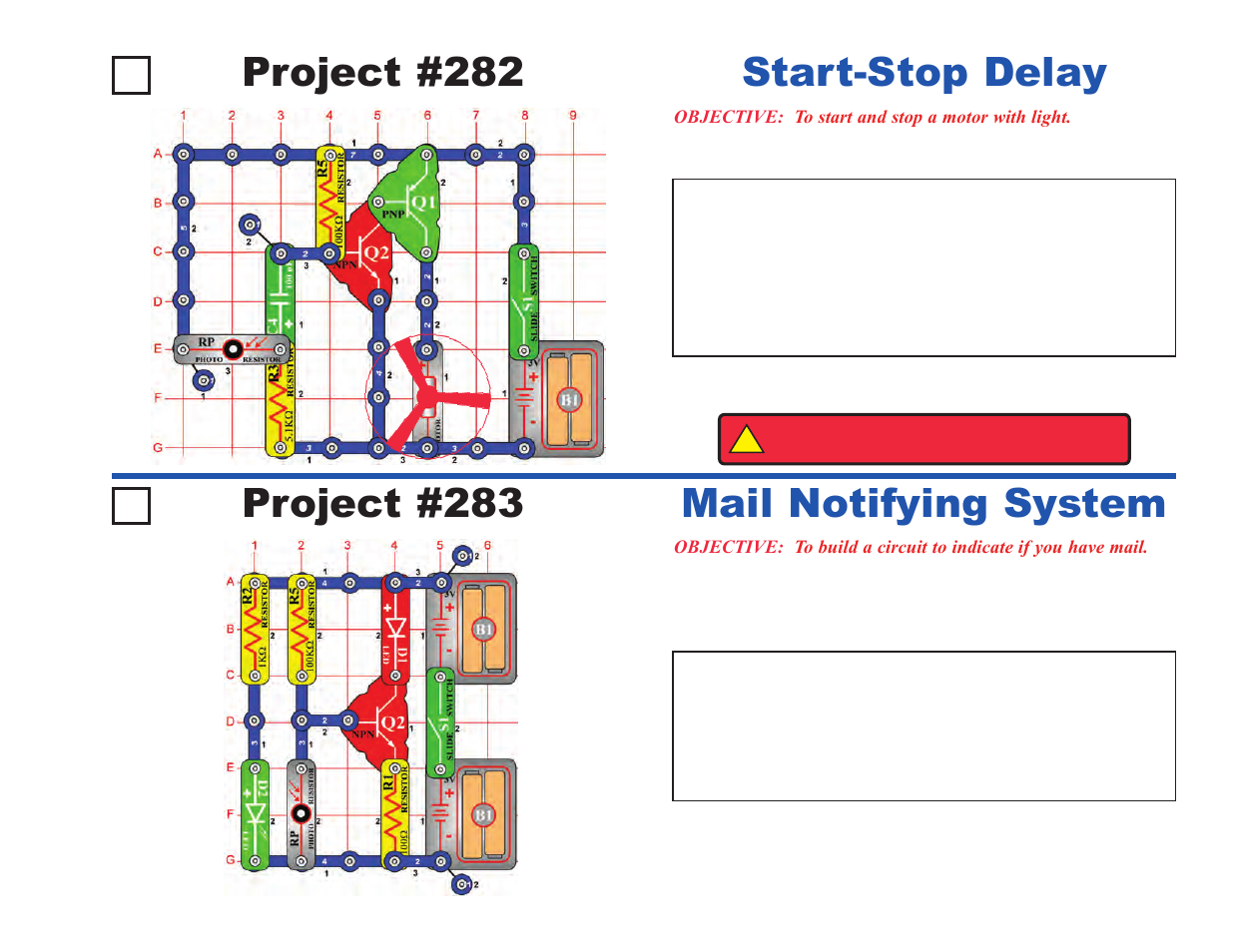 Project #282, Start-stop delay project #283, Mail notifying system | Elenco Projects 102-305 User Manual | Page 67 / 76