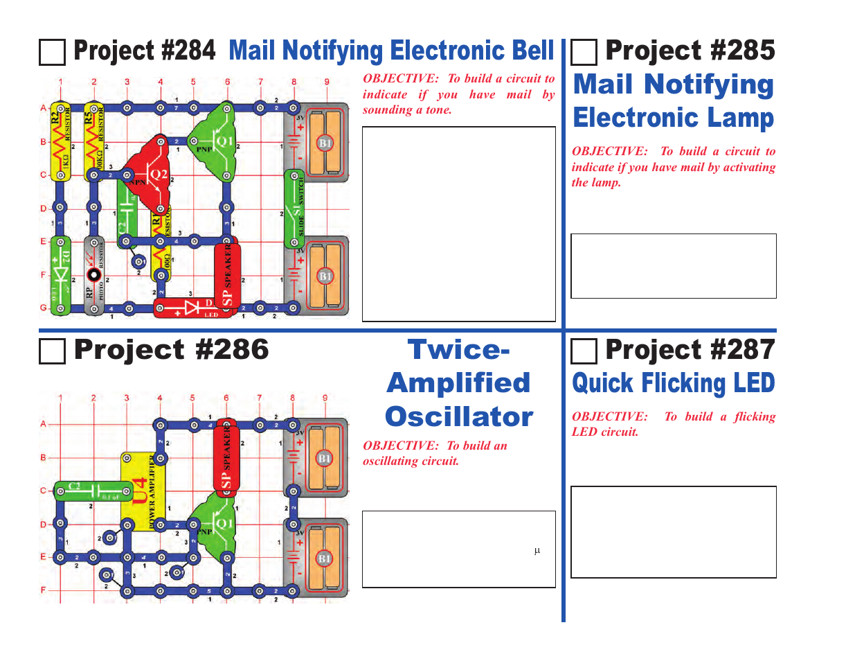Project #284 mail notifying electronic bell, Project #287 quick flicking led, Project #286 | Elenco Projects 102-305 User Manual | Page 68 / 76