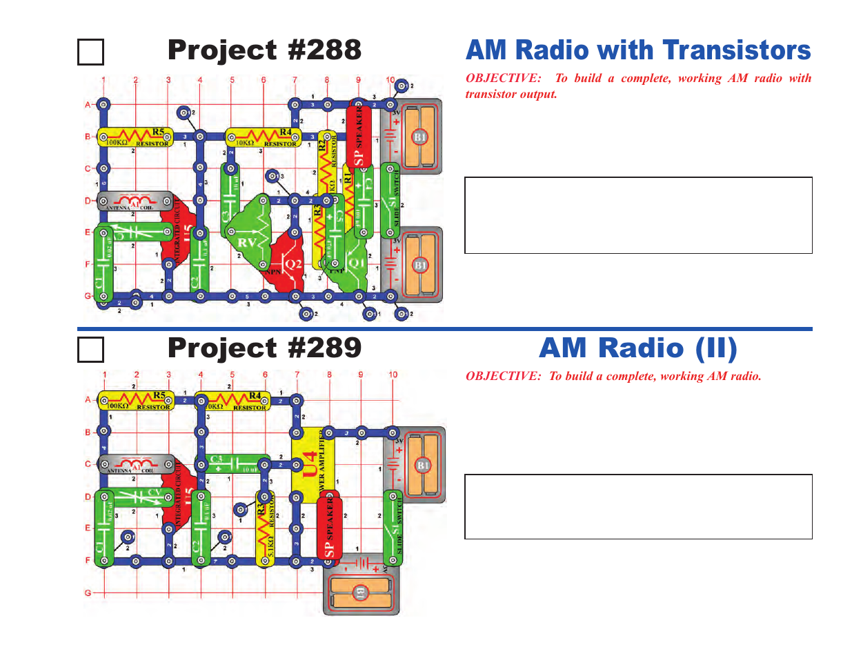 Project #288, Am radio with transistors project #289, Am radio (ii) | Elenco Projects 102-305 User Manual | Page 69 / 76