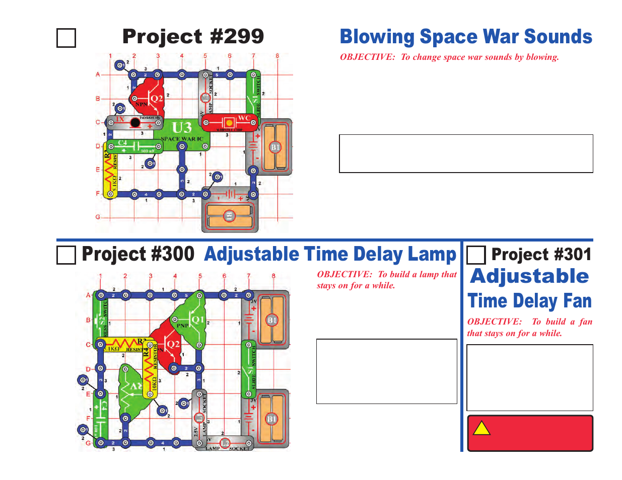 Project #299, Adjustable time delay fan, Project #301 | Elenco Projects 102-305 User Manual | Page 73 / 76