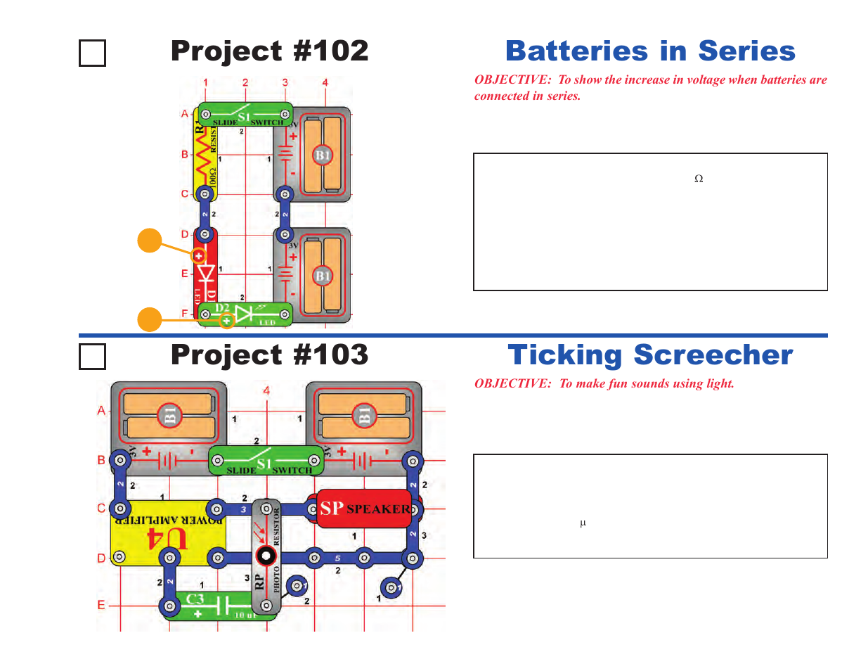 Project #102, Batteries in series project #103, Ticking screecher | Elenco Projects 102-305 User Manual | Page 9 / 76