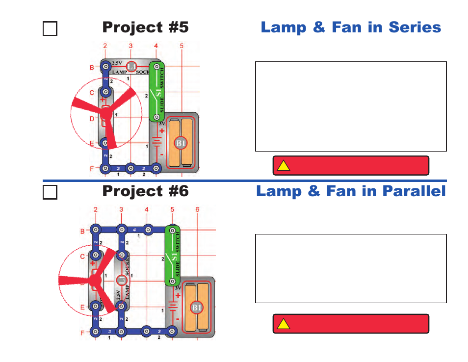 Project #5, Lamp & fan in series project #6, Lamp & fan in parallel | Elenco Projects 1-101 User Manual | Page 11 / 48