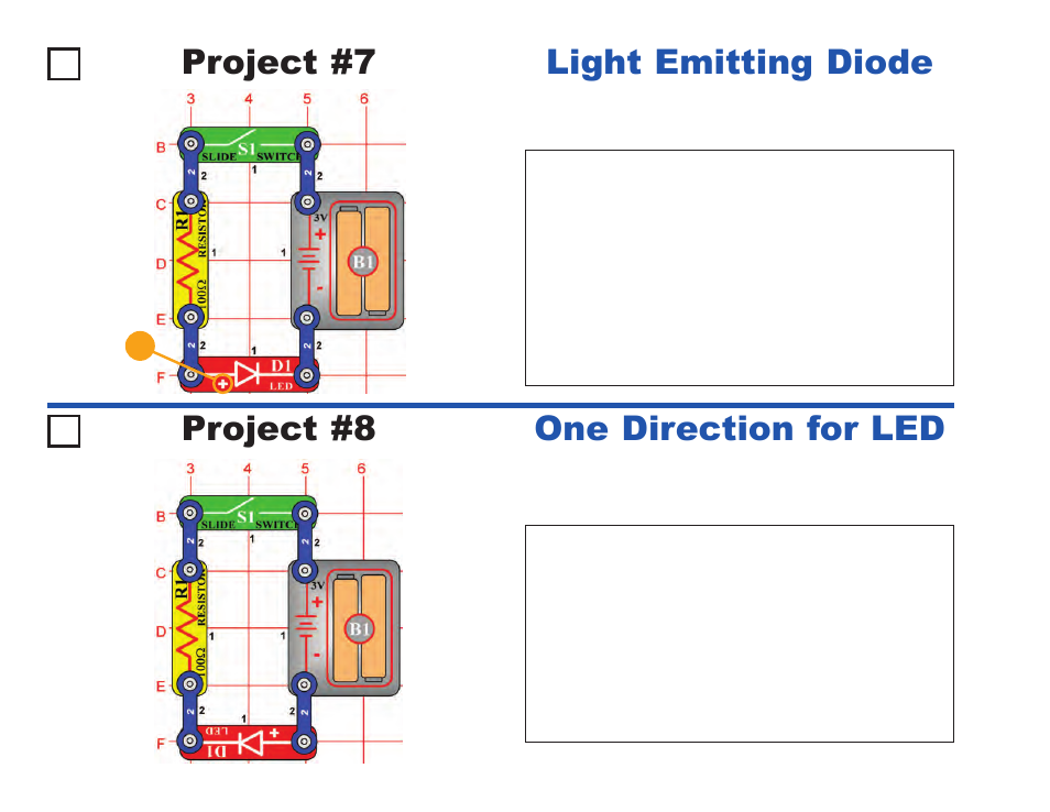 Project #7, Light emitting diode project #8, One direction for led | Elenco Projects 1-101 User Manual | Page 12 / 48