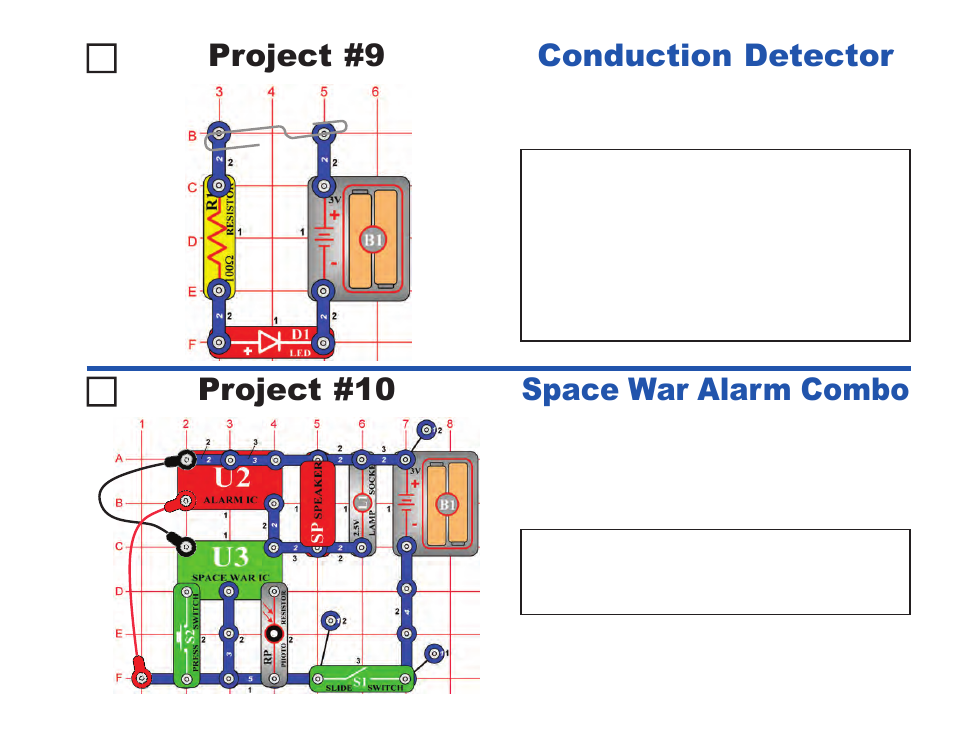 Project #9, Conduction detector project #10, Space war alarm combo | Elenco Projects 1-101 User Manual | Page 13 / 48