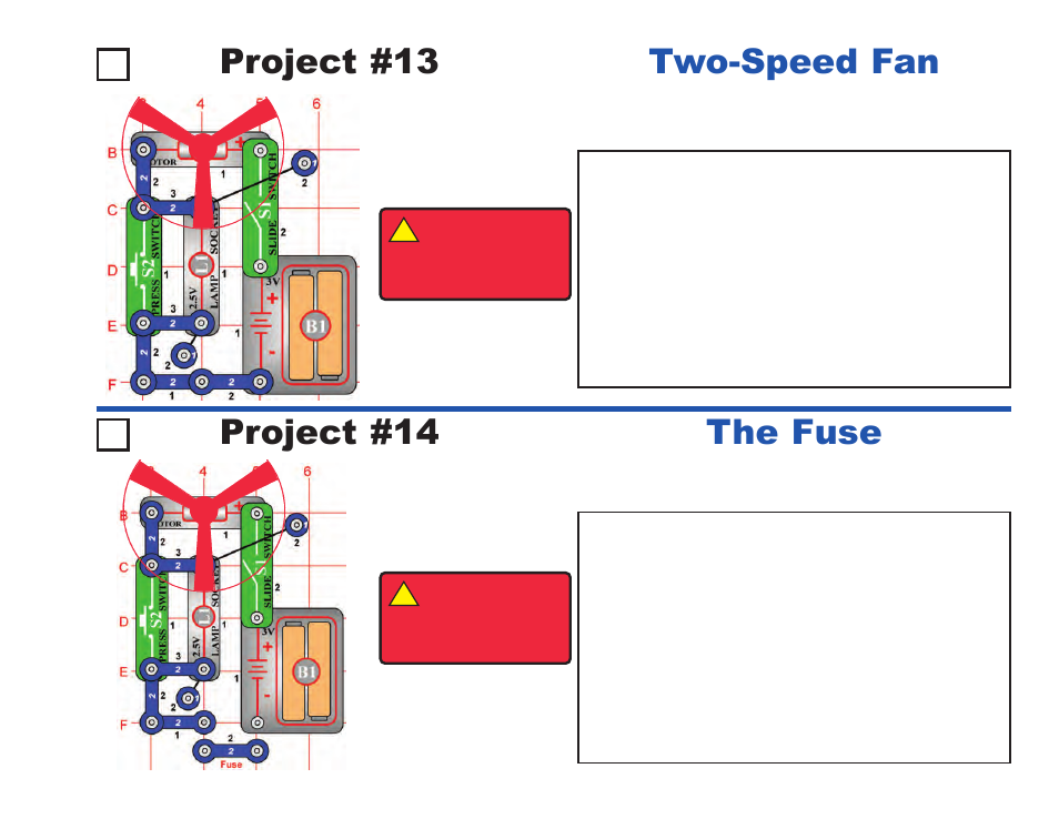 Project #13, Two-speed fan, The fuse project #14 | Elenco Projects 1-101 User Manual | Page 15 / 48