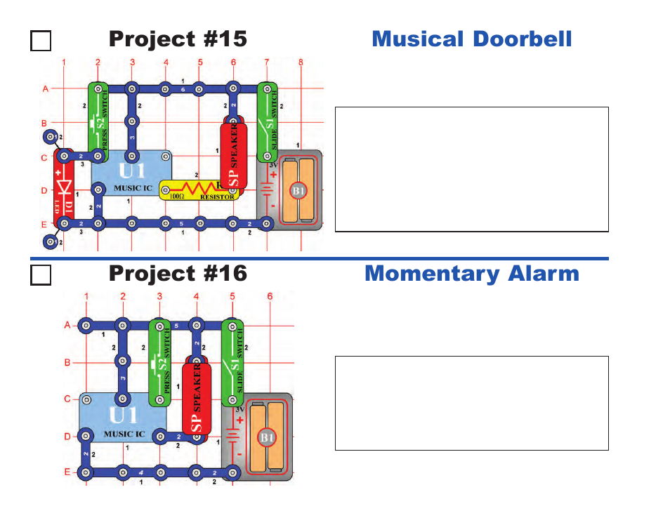Project #15, Musical doorbell project #16, Momentary alarm | Elenco Projects 1-101 User Manual | Page 16 / 48