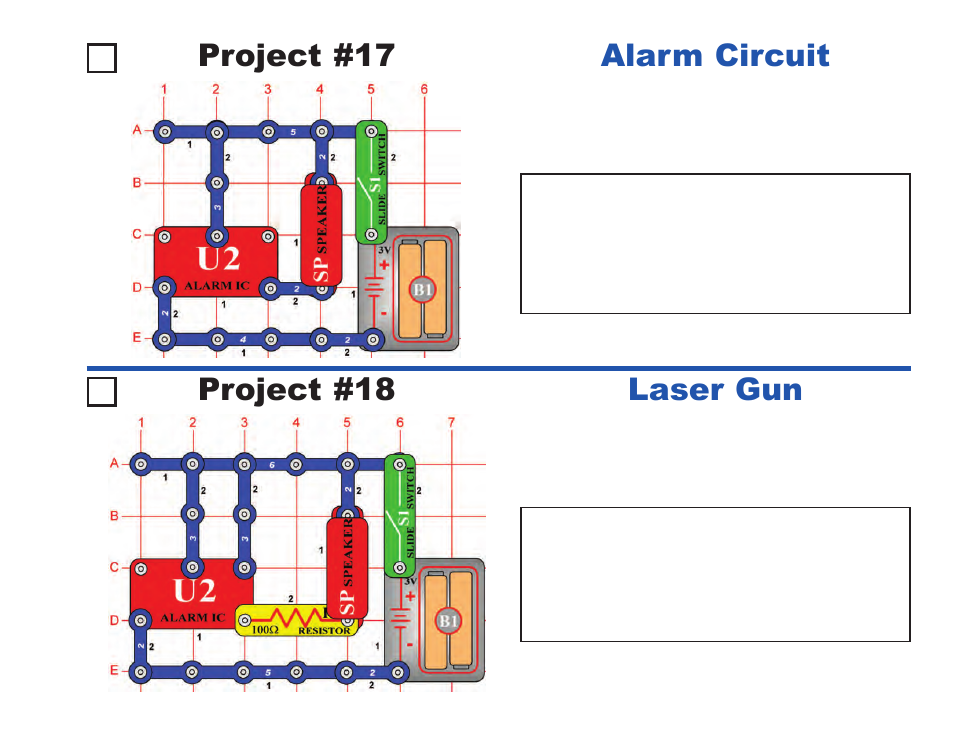 Project #17, Alarm circuit project #18, Laser gun | Elenco Projects 1-101 User Manual | Page 17 / 48